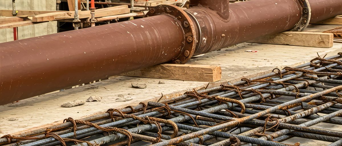 Reinforcing steel cage with pipework run through it before a pour